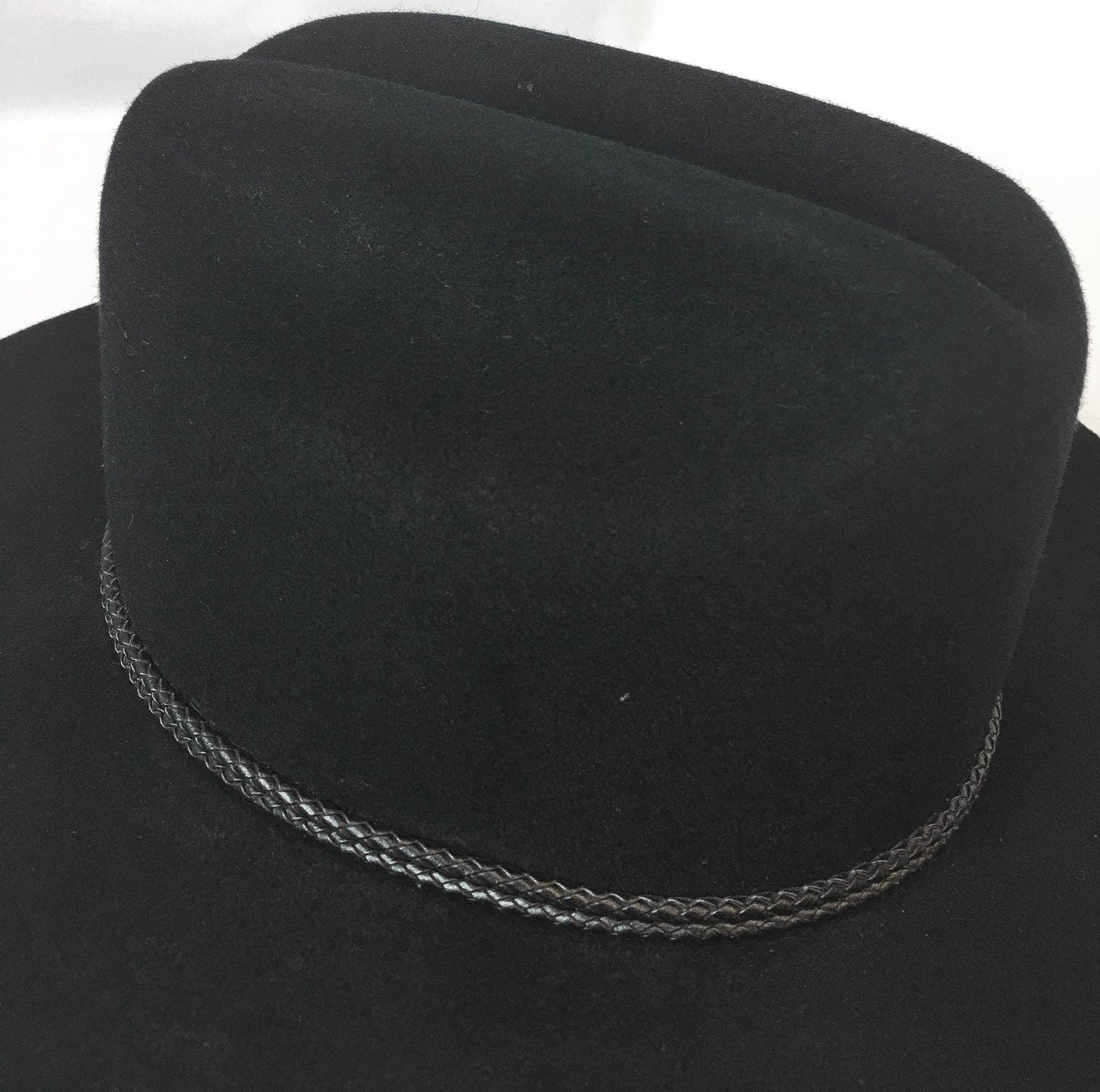 Vintage Inspired Stetson Black Felt Flatbrim Cowboy Hat with Woven Leather Band Detail, Sz. 6 3/4, Vintage Western Hat