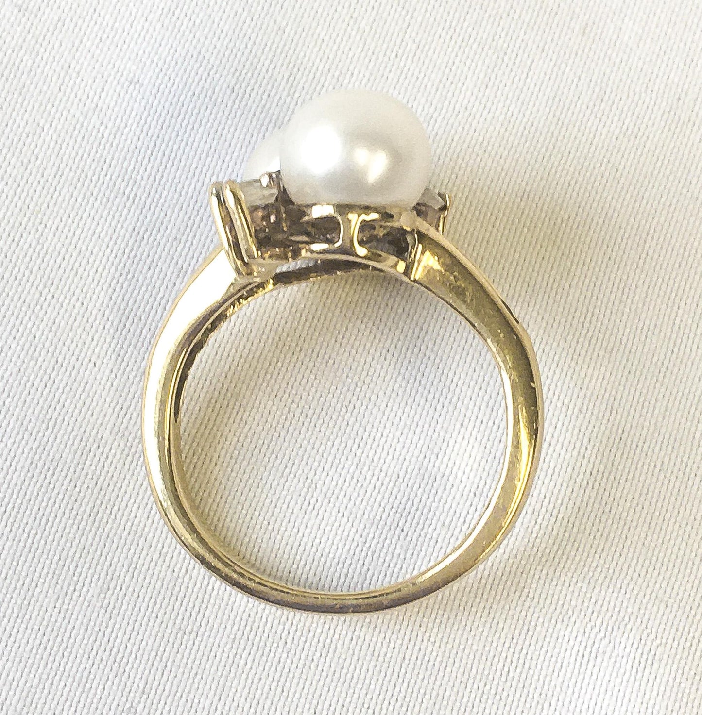 Vintage 10K Twin Pearl White Topaz Cubic Zirconia Bypass Ring, Sz. 5.25, Vintage Estate Art Deco Cocktail Style Ring