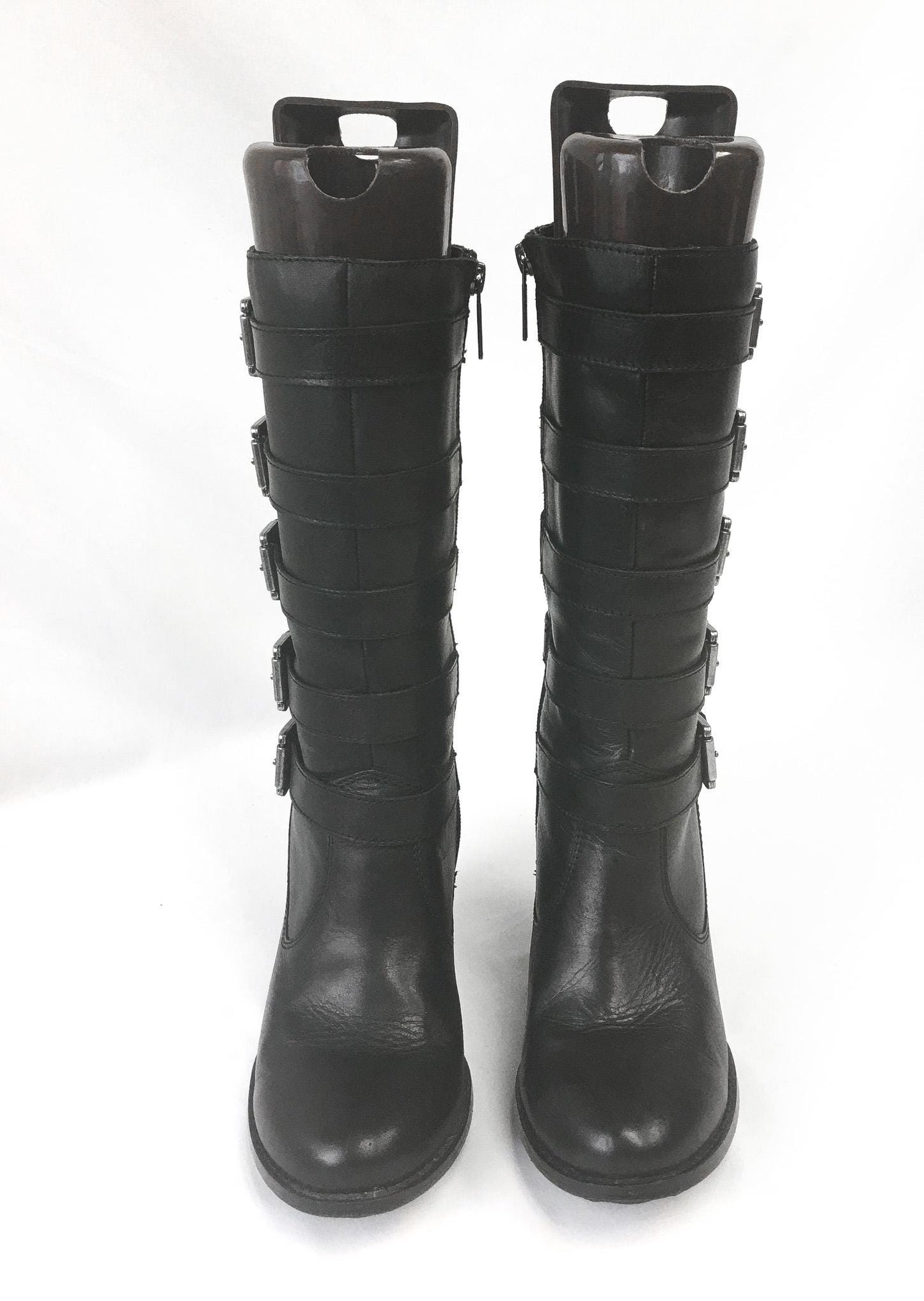 Black Harley Davidson Chillion Buckle Leather Platform Boots, Women's Sz. 8, Biker Moto Style Statement Boots