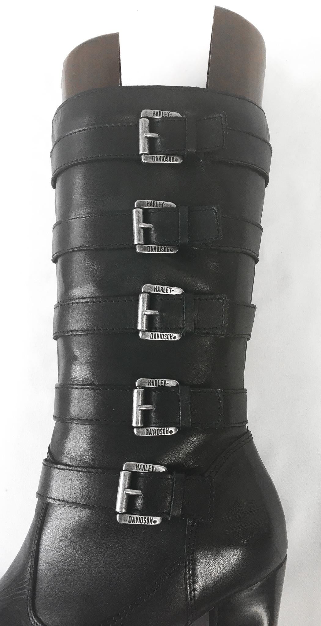 Black Harley Davidson Chillion Buckle Leather Platform Boots, Women's Sz. 8, Biker Moto Style Statement Boots