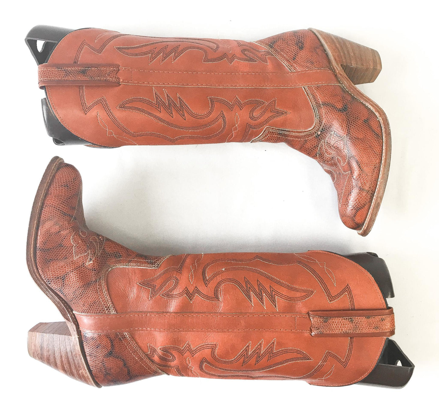 70s Miss Capezio Coral/Orange Snakeskin Stacked Heel Cowboy Boots, Women's Sz. 7M, Vintage Unique Western Festival Cowgirl Boots