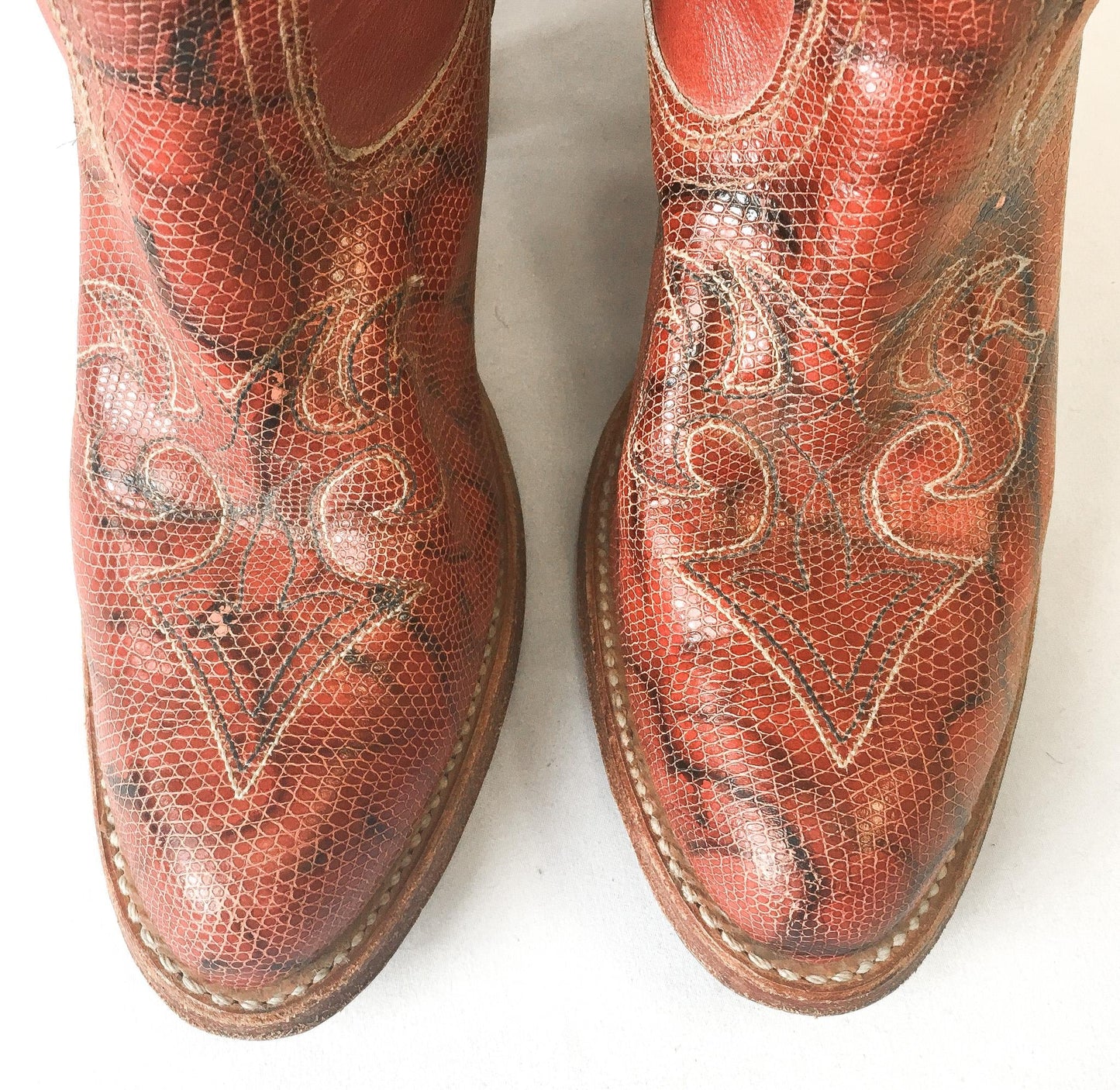 70s Miss Capezio Coral/Orange Snakeskin Stacked Heel Cowboy Boots, Women's Sz. 7M, Vintage Unique Western Festival Cowgirl Boots