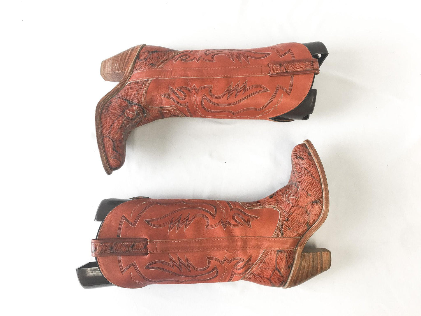 70s Miss Capezio Coral/Orange Snakeskin Stacked Heel Cowboy Boots, Women's Sz. 7M, Vintage Unique Western Festival Cowgirl Boots