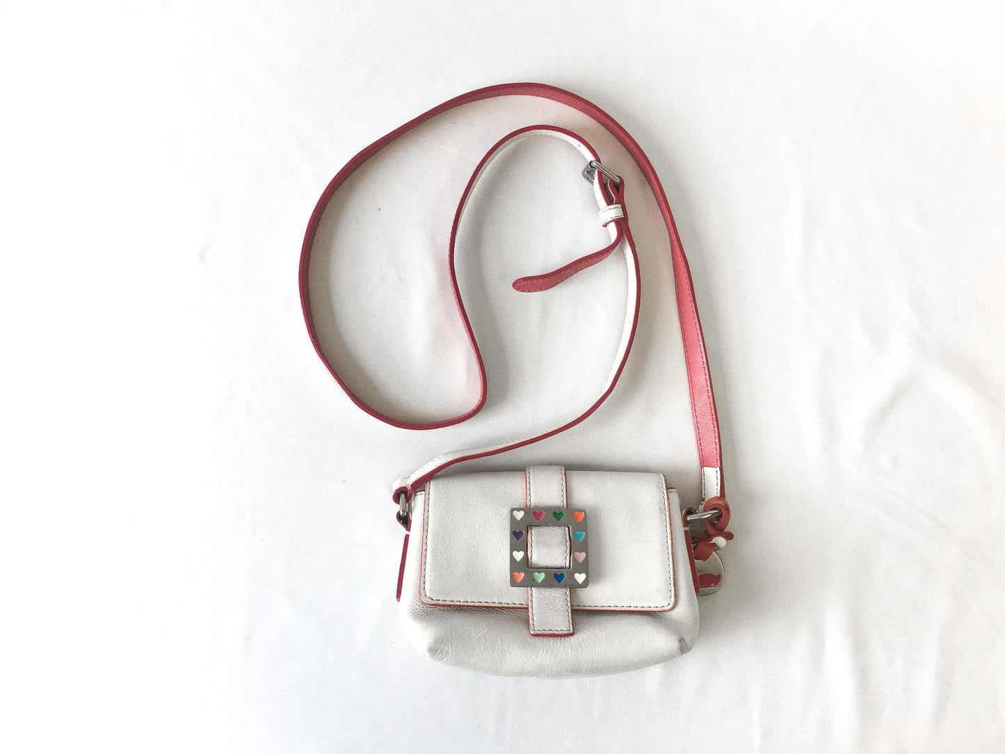 Vintage Y2K Dooney and Bourke White and Pink Mini Bag with Rainbow Heart Buckle, Unique Y2K 00s Dooney Crossbody Shoulder Bag