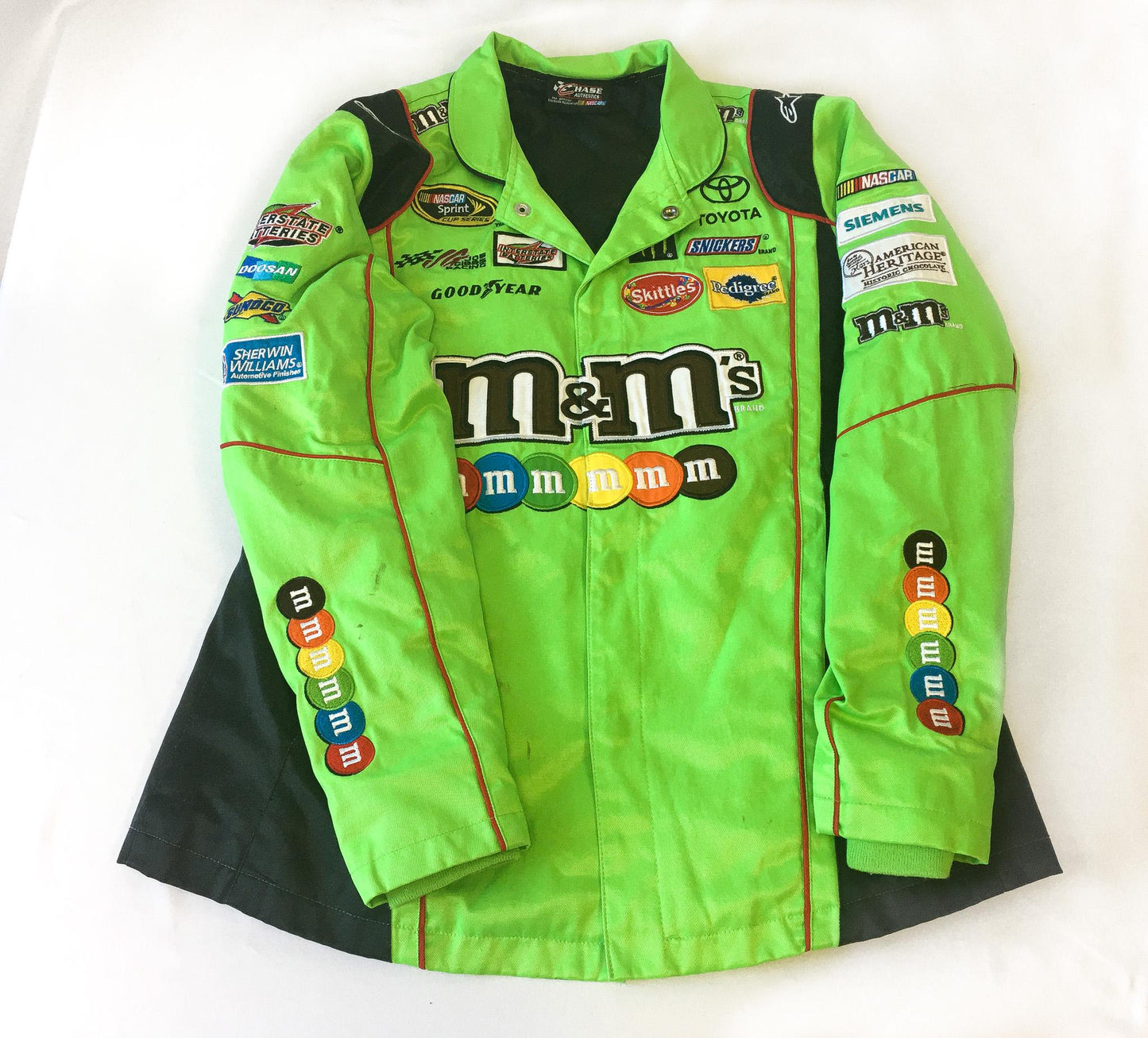 Vintage Chase Authentics M&M Kyle Busch Lime Green/Black Racing Jacket, Men's Sz. S, Vintage Racing Streetwear Jacket