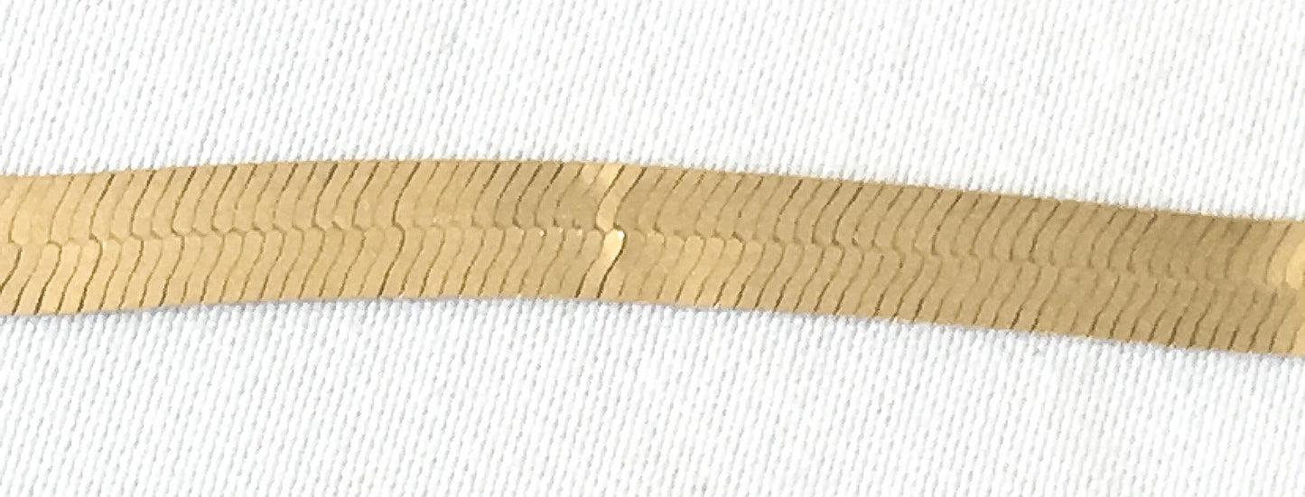 14K Italy Yellow Gold Etched Flat Herringbone Chain Bracelet, 7", 4mm Width, Elegant Everyday Dainty Stackable Bracelet