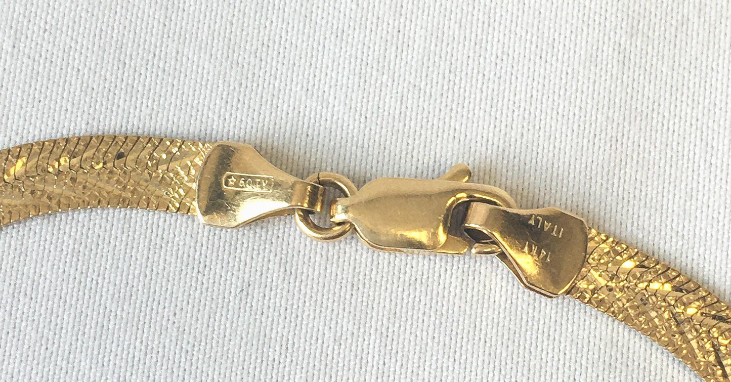14K Italy Yellow Gold Etched Flat Herringbone Chain Bracelet, 7", 4mm Width, Elegant Everyday Dainty Stackable Bracelet