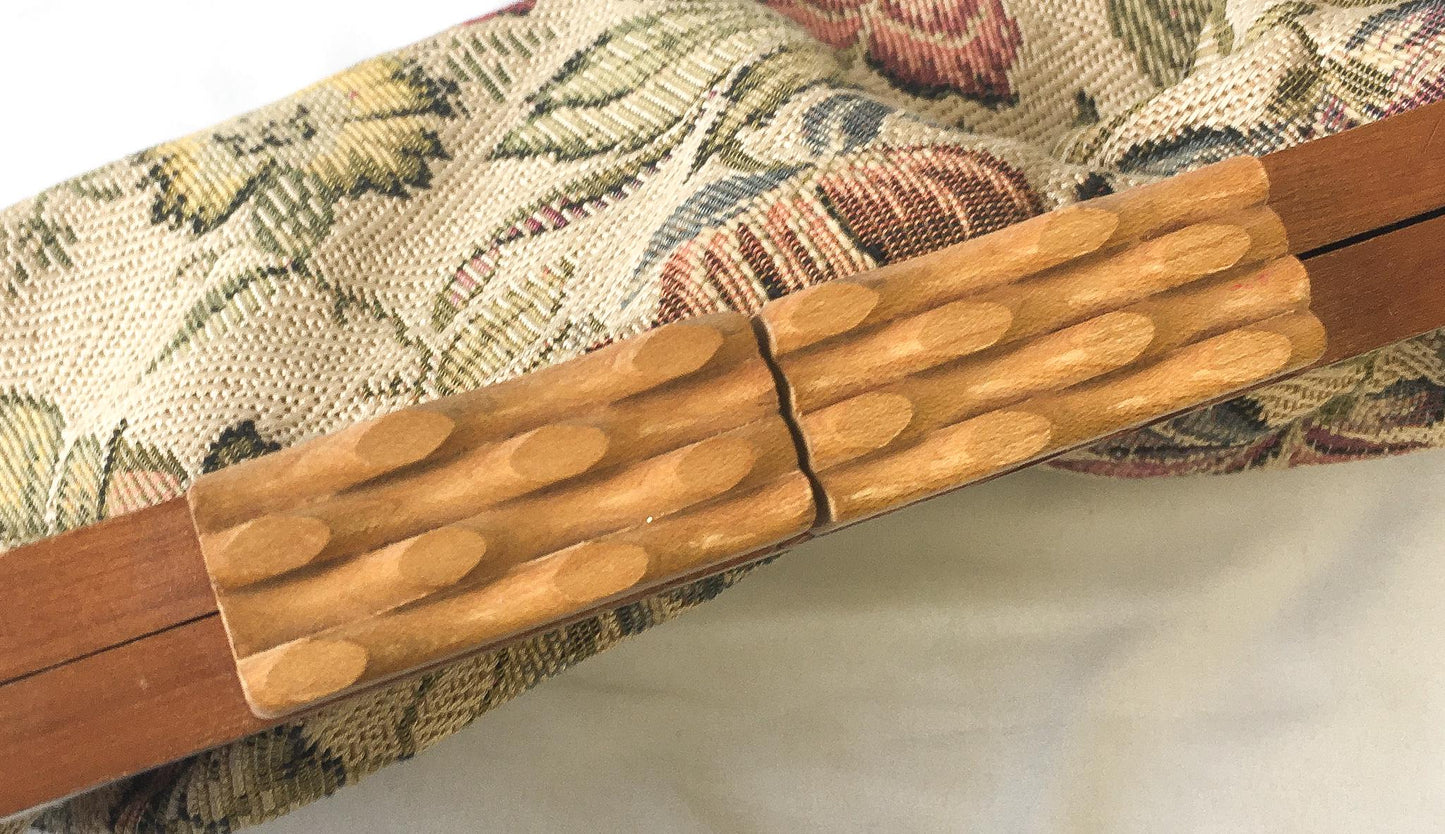 60s Beige Floral Tapestry Cloth Engraved Wooden Large Clutch Handbag, Vintage Boho Style Handbag