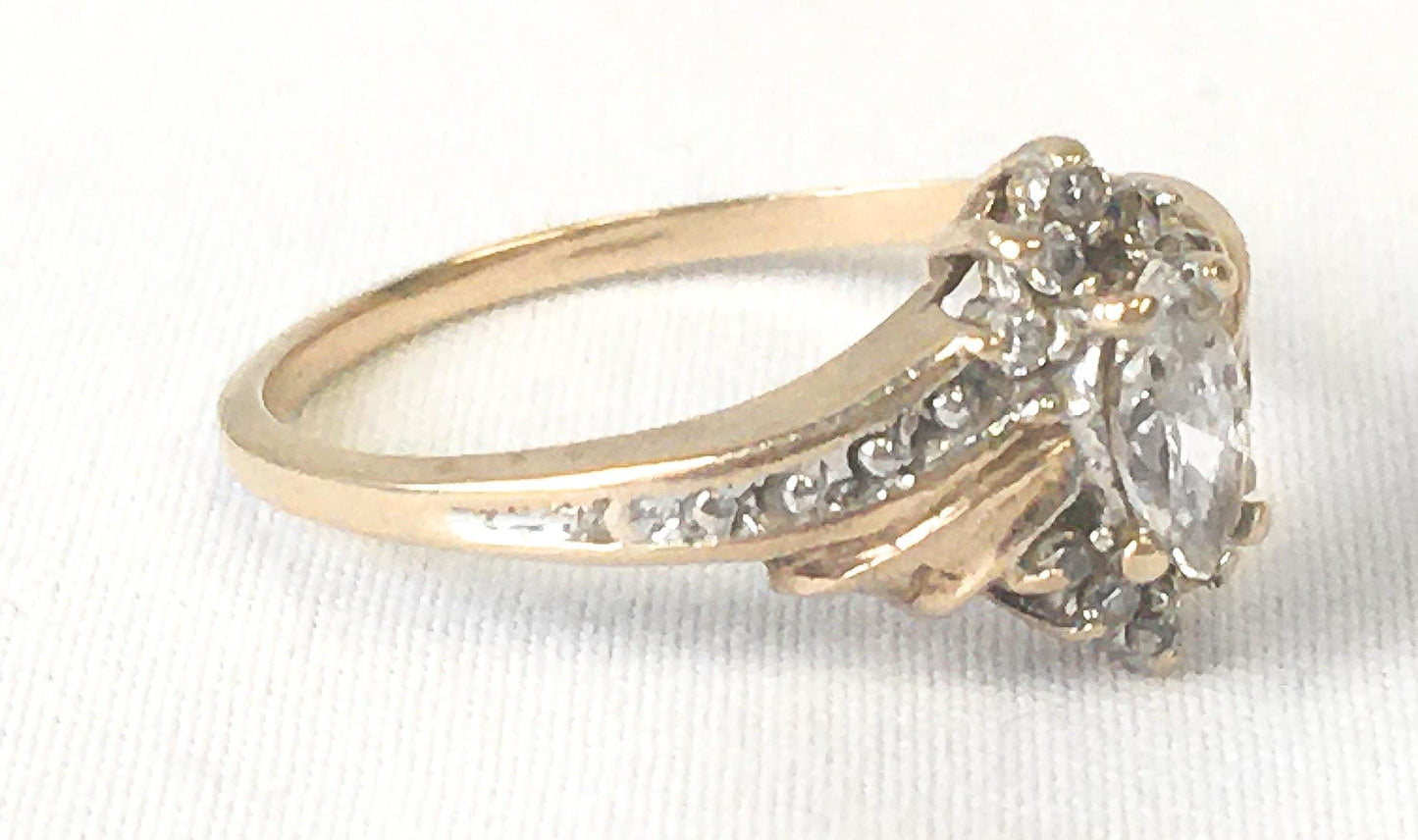 Vintage 10K Yellow Gold Cubic Zirconia Marquise Cluster Ring, Sz. 6, Elegant Classy Everyday Engagement Wedding Ring