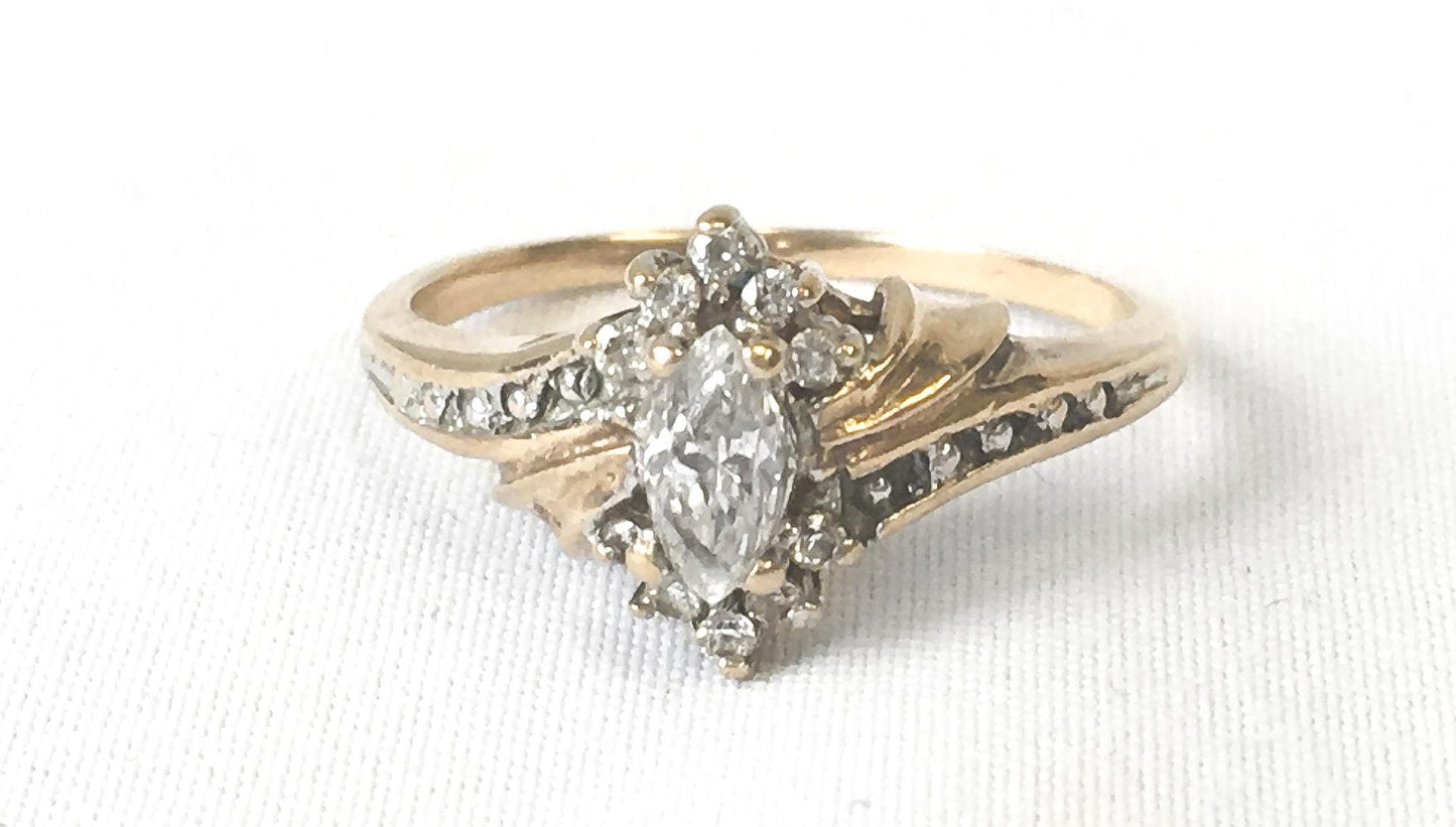 Vintage 10K Yellow Gold Cubic Zirconia Marquise Cluster Ring, Sz. 6, Elegant Classy Everyday Engagement Wedding Ring