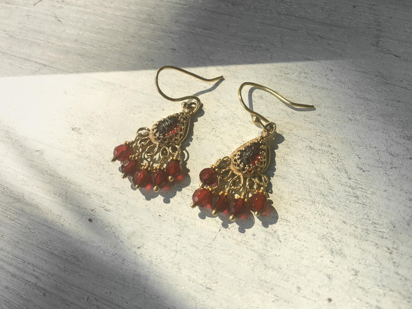 14K Becky Kelso Jade Red Beaded Chandelier Dangle Earrings, Vintage Boho Earrings