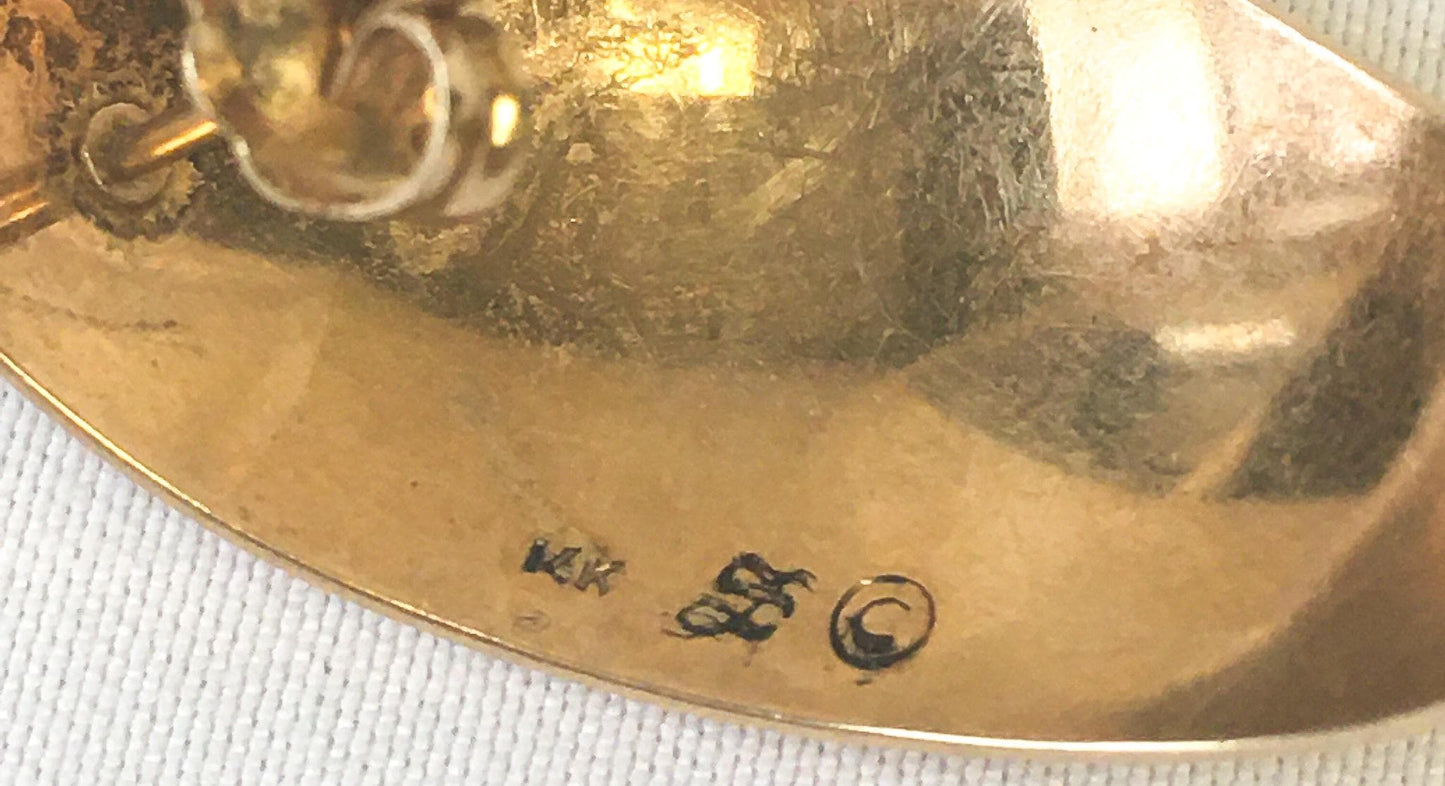 Vintage 14K Yellow Gold Abstract Shaped Large Half Dome Stud Earrings, Vintage Chunky Gold Everyday Minimalist Earrings
