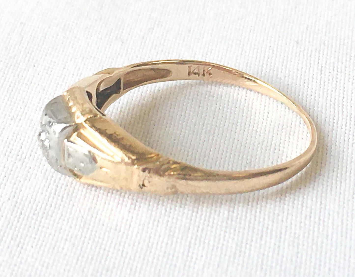 Vintage 14K Yellow and White Gold Diamond Etched Ring, Sz. 4.75, Simple Everyday Dainty Stackable Ring