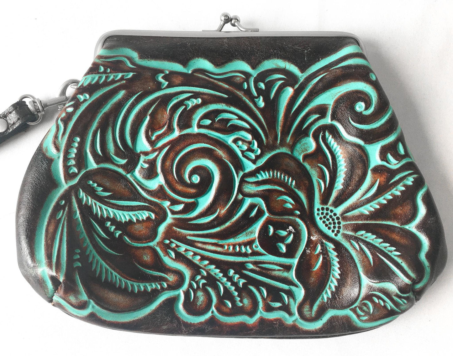 Vintage Inspired Patricia Nash Savena Brown Teal Tooled Leather Clutch Wristlet Coin Pouch, Unique Western Boho Wristlet Handbag