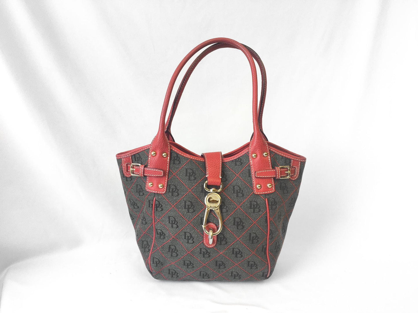 00s Dooney and Bourke Red Gray Monogram Logo LockTulip Canvas Leather Top Handle Satchel Shoulder Bag, Y2K Dooney Handbag