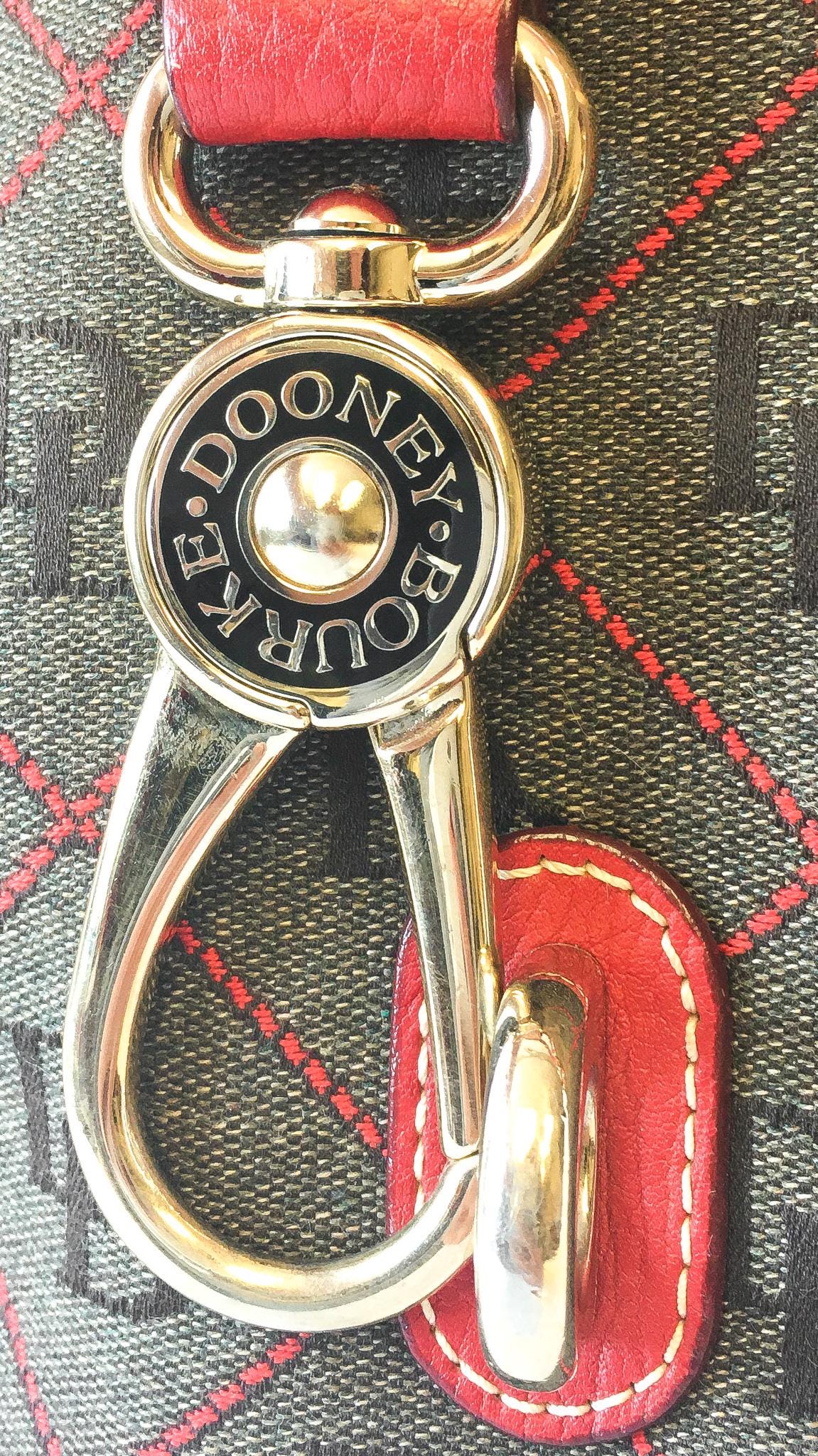 00s Dooney and Bourke Red Gray Monogram Logo LockTulip Canvas Leather Top Handle Satchel Shoulder Bag, Y2K Dooney Handbag