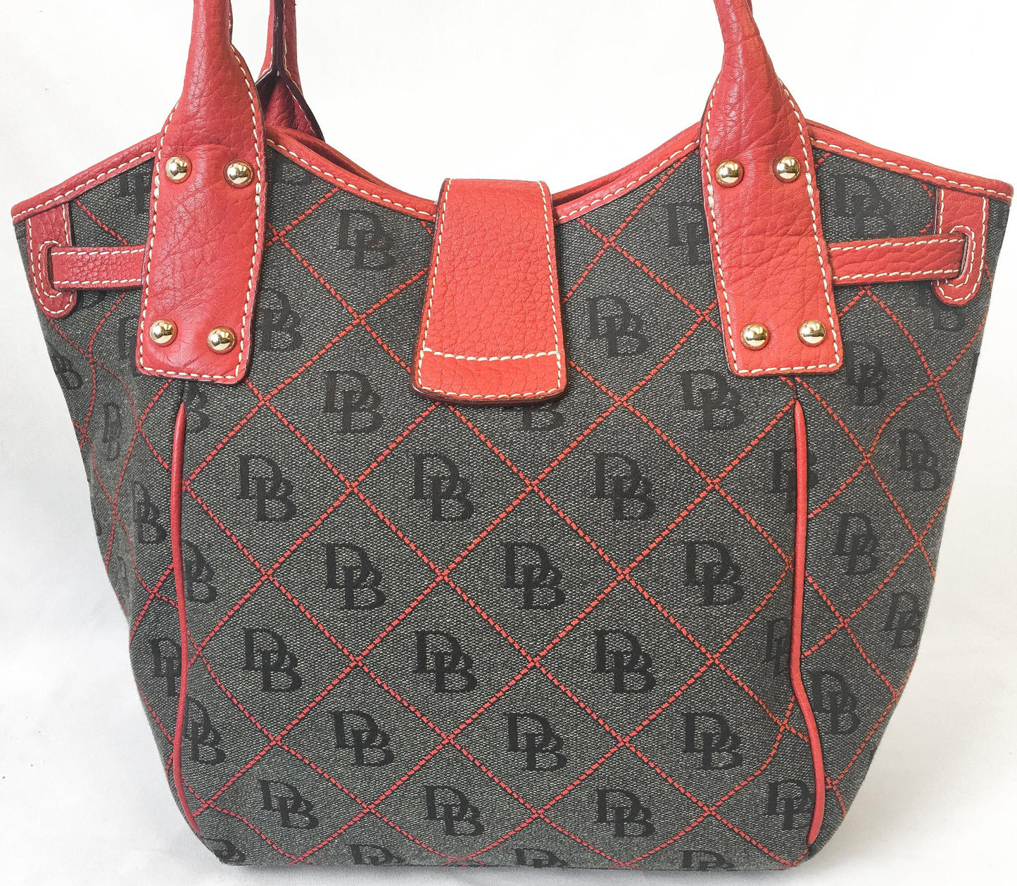 00s Dooney and Bourke Red Gray Monogram Logo LockTulip Canvas Leather Top Handle Satchel Shoulder Bag, Y2K Dooney Handbag
