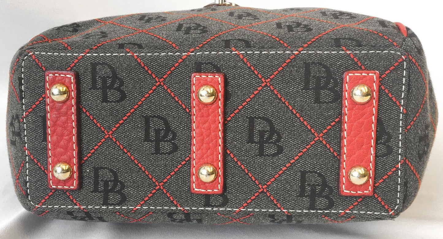 00s Dooney and Bourke Red Gray Monogram Logo LockTulip Canvas Leather Top Handle Satchel Shoulder Bag, Y2K Dooney Handbag