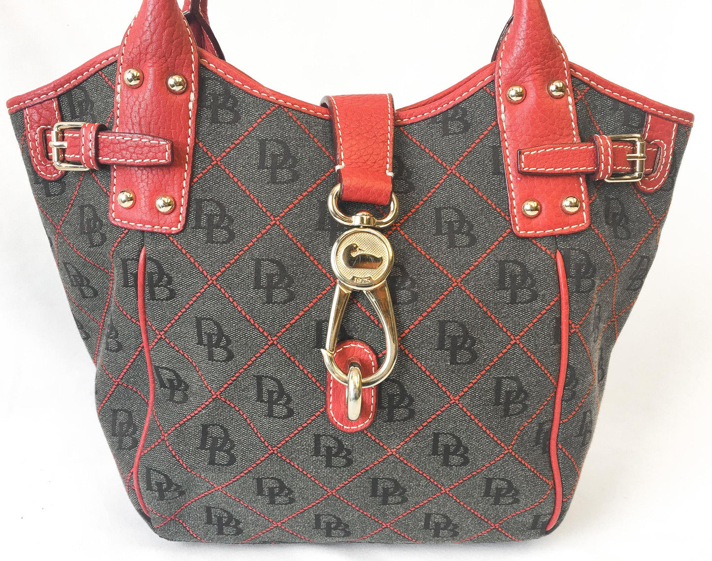 00s Dooney and Bourke Red Gray Monogram Logo LockTulip Canvas Leather Top Handle Satchel Shoulder Bag, Y2K Dooney Handbag