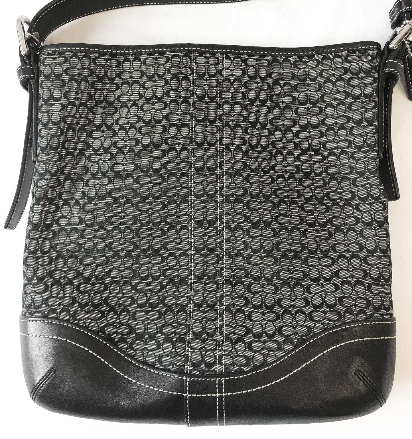 00s Coach Signature C Monogram Black Gray Leather Canvas Crossbody Shoulder Bag, Style #10944, Y2K Coach Handbag