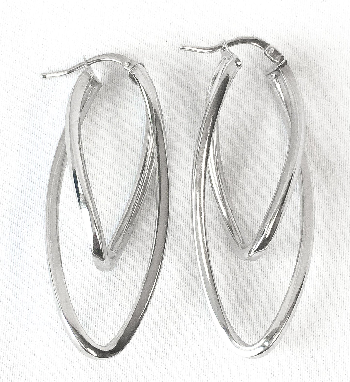 14K Italy White Gold Oblong Double Twisted Hoop Earrings, 2", 3.6 Grams, Unique White Gold Silver Hoops