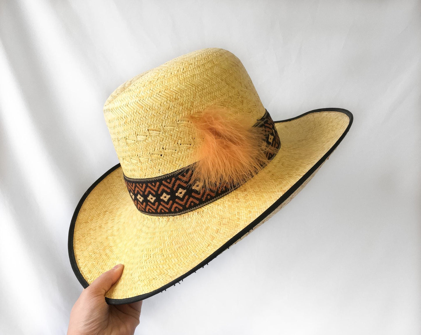 Vintage Resistol Stagecoach Straw Black Mesa Yellow Cowboy Hat with Woven Feather Band Detail, Sz 7 5/8, Unique Western Hat