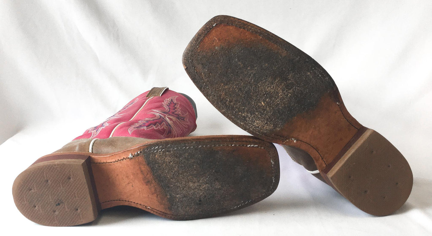 Justin Bent Rail Pink Brown Leather Square Toe Cowboy Boots, Style #BRL311, Women's Sz 9B, Vintage Unique Western Cowgirl Festival Boots