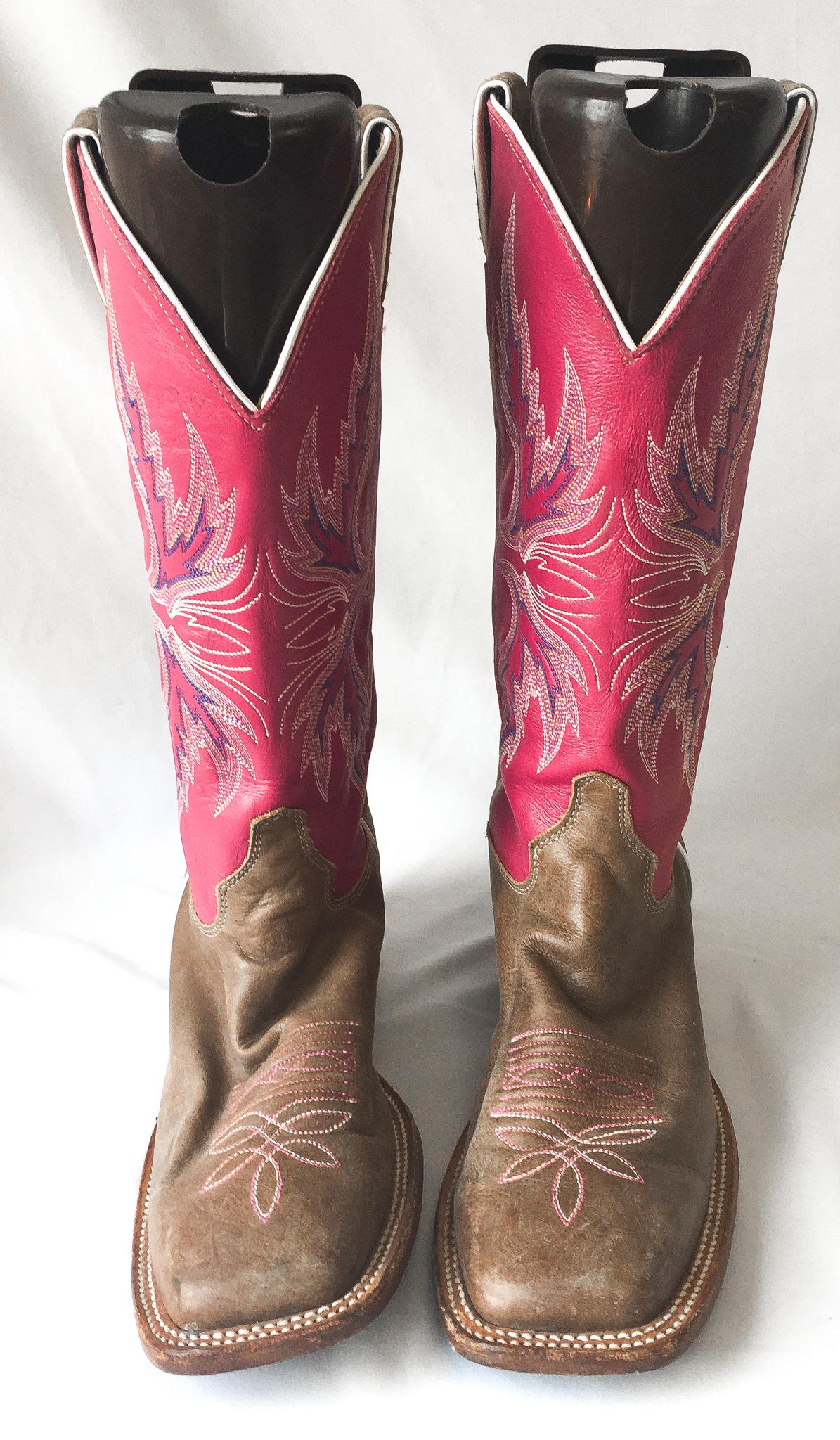 Justin Bent Rail Pink Brown Leather Square Toe Cowboy Boots, Style #BRL311, Women's Sz 9B, Vintage Unique Western Cowgirl Festival Boots