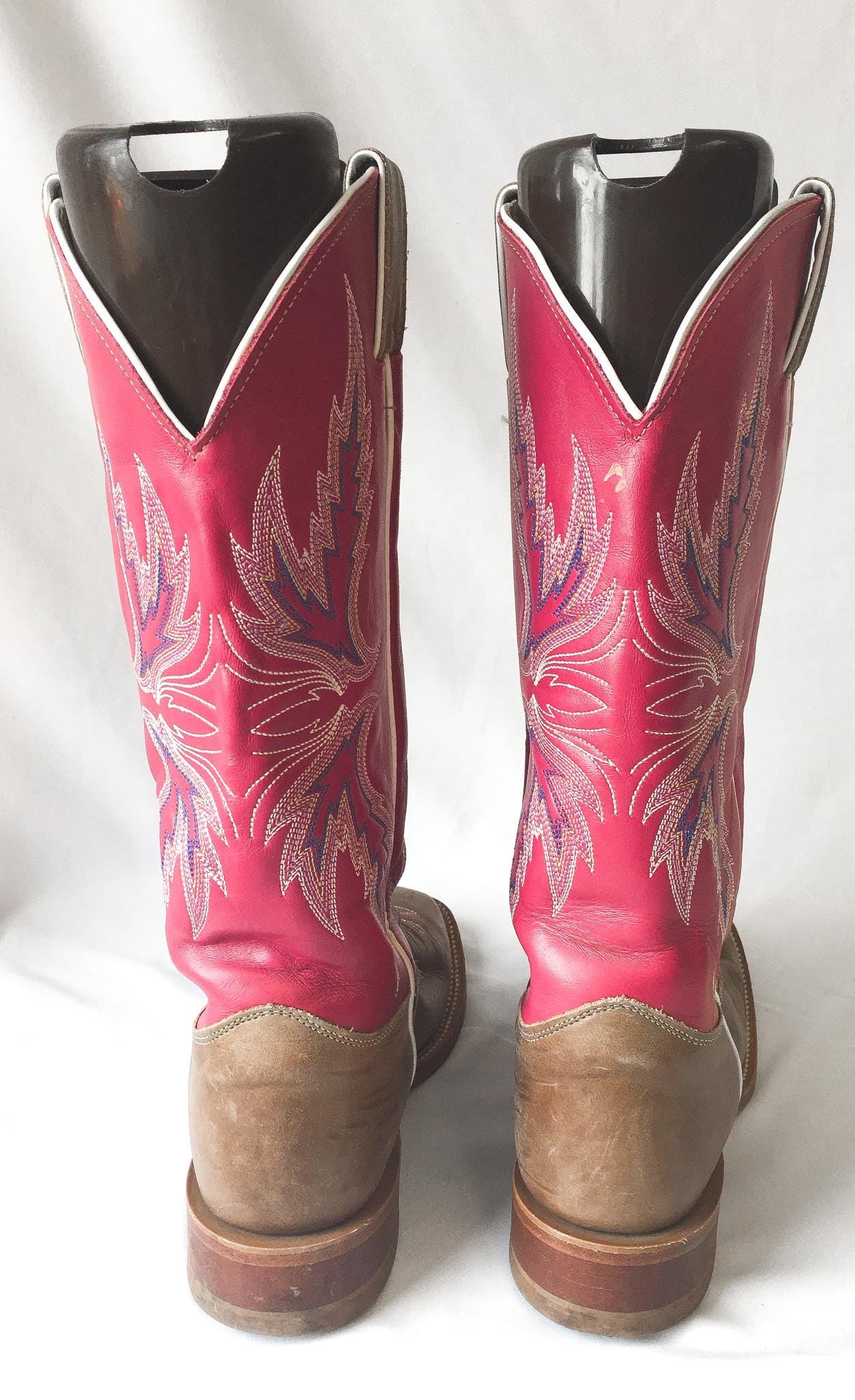Justin Bent Rail Pink Brown Leather Square Toe Cowboy Boots, Style #BRL311, Women's Sz 9B, Vintage Unique Western Cowgirl Festival Boots