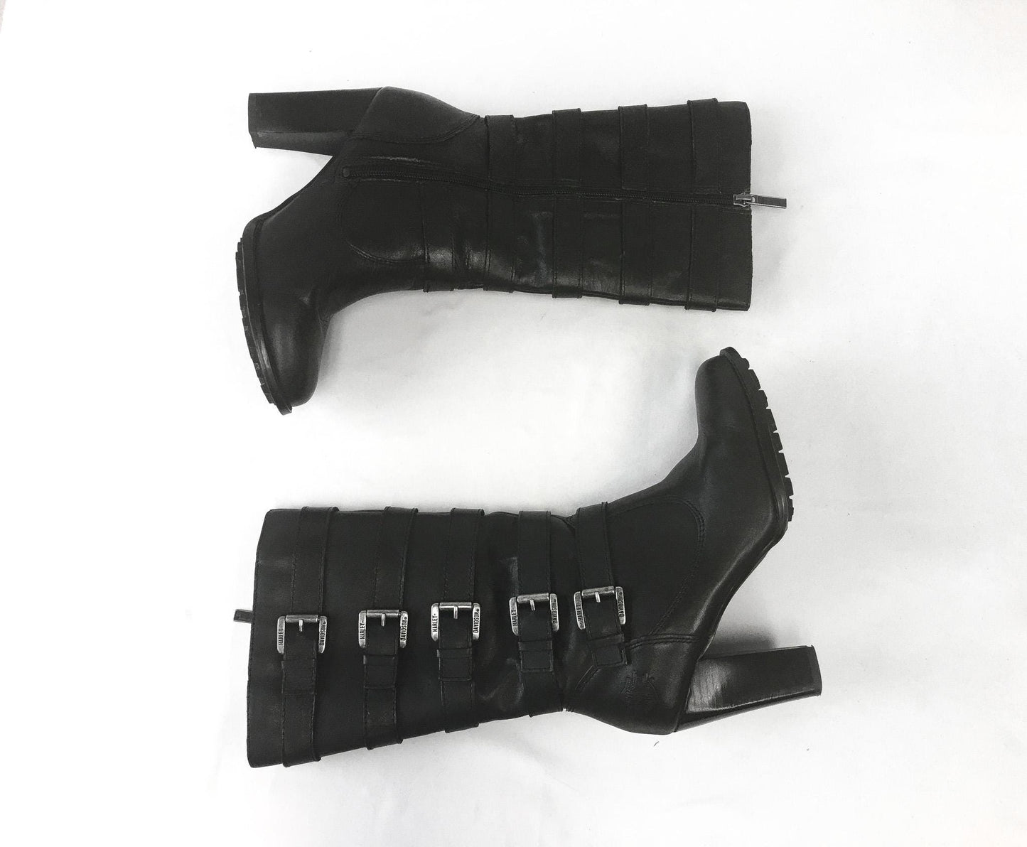 Black Harley Davidson Chillion Buckle Leather Platform Boots, Women's Sz. 8, Biker Moto Style Statement Boots