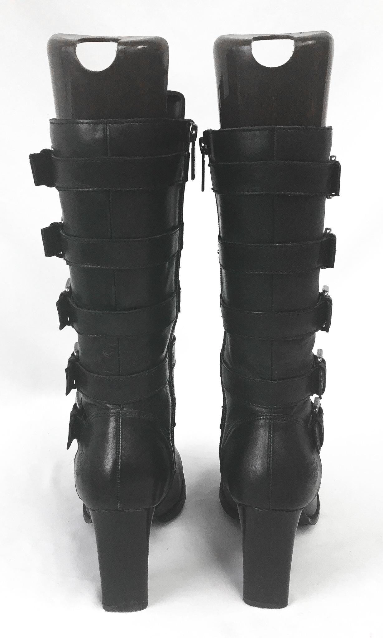 Black Harley Davidson Chillion Buckle Leather Platform Boots, Women's Sz. 8, Biker Moto Style Statement Boots