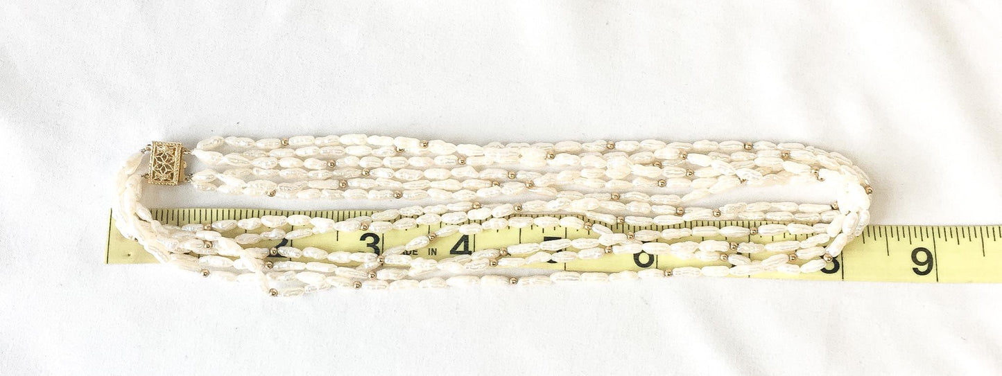 Vintage 14K Freshwater Rice Pearl 6 Strand Pearl Necklace, Roughly 16", Roughly .5" Width, Regal Elegant Beach Style Unique Pearls