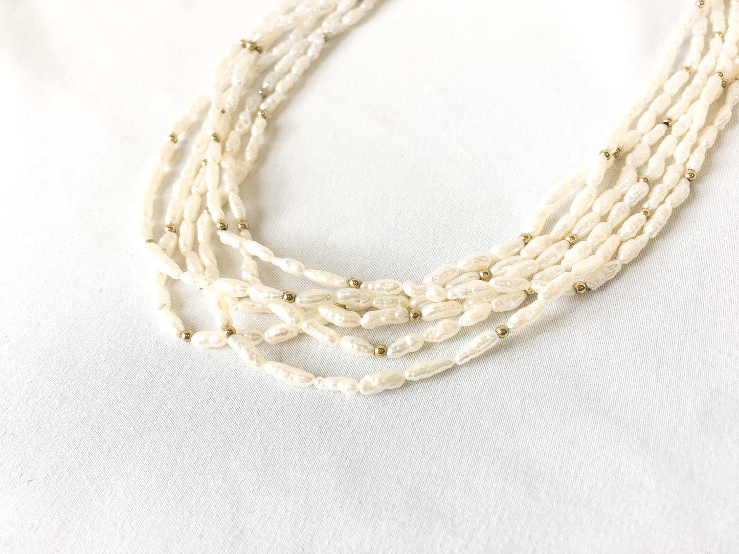 Vintage 14K Freshwater Rice Pearl 6 Strand Pearl Necklace, Roughly 16", Roughly .5" Width, Regal Elegant Beach Style Unique Pearls