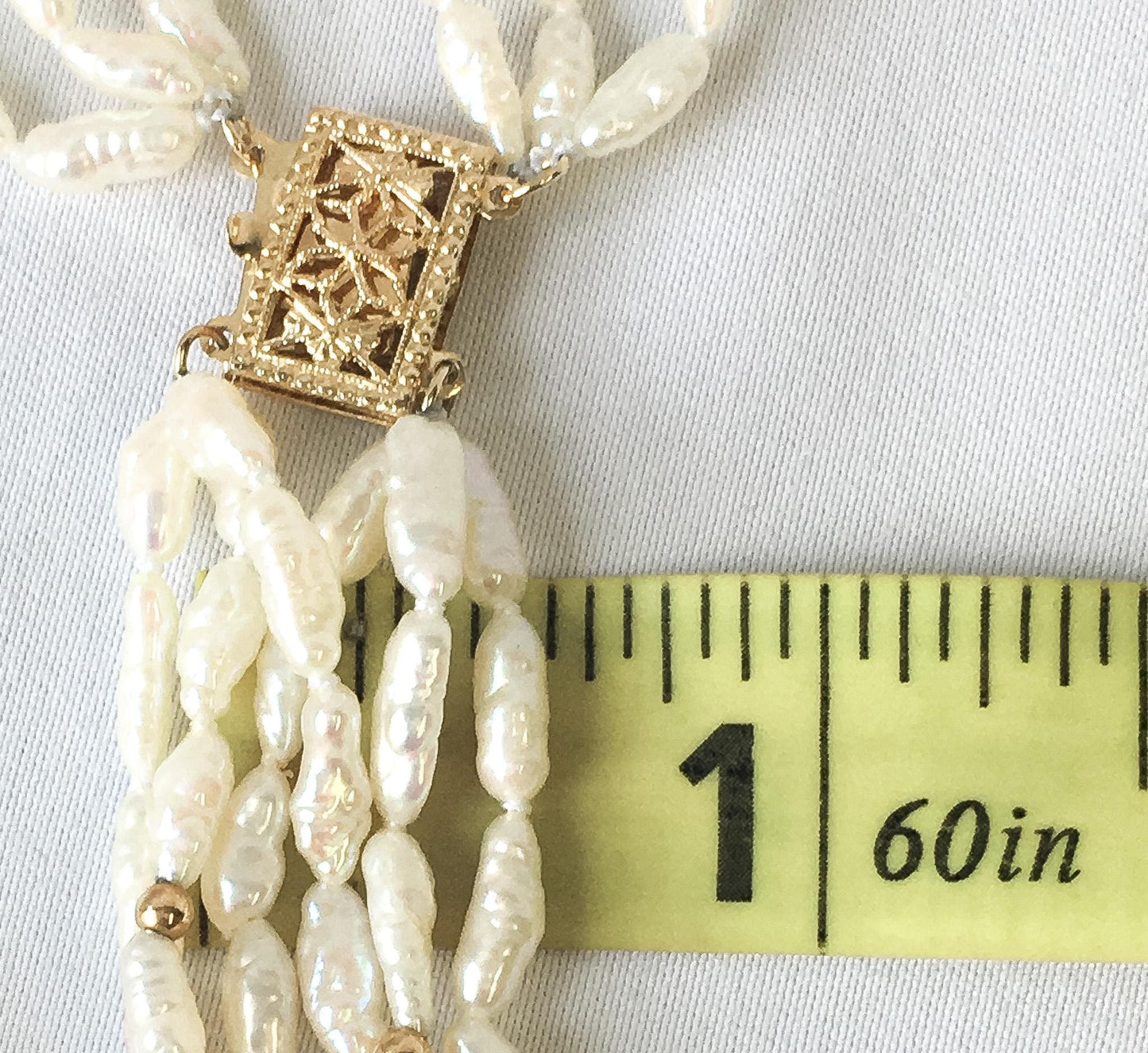 Vintage 14K Freshwater Rice Pearl 6 Strand Pearl Necklace, Roughly 16", Roughly .5" Width, Regal Elegant Beach Style Unique Pearls