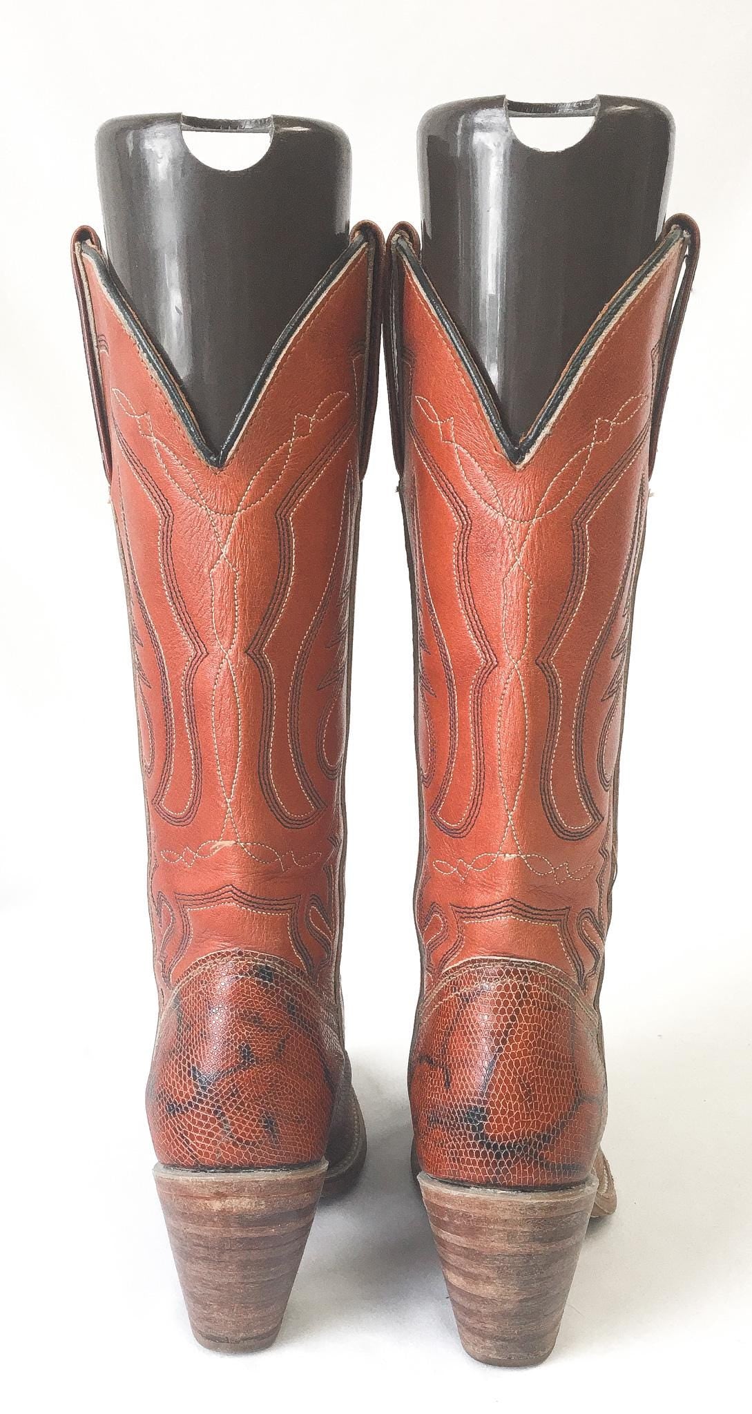 70s Miss Capezio Coral/Orange Snakeskin Stacked Heel Cowboy Boots, Women's Sz. 7M, Vintage Unique Western Festival Cowgirl Boots