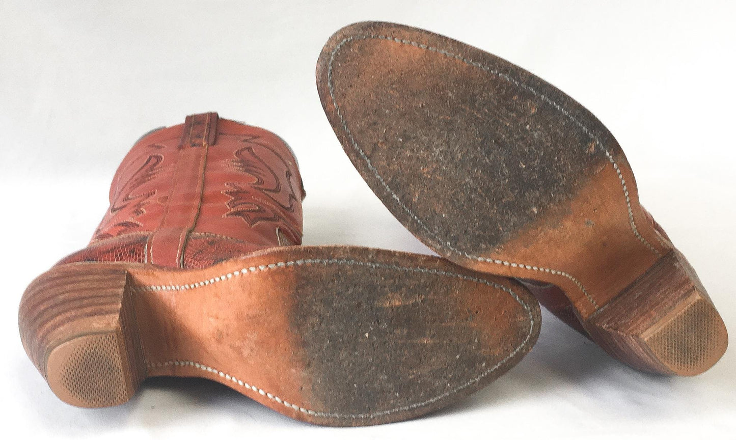 70s Miss Capezio Coral/Orange Snakeskin Stacked Heel Cowboy Boots, Women's Sz. 7M, Vintage Unique Western Festival Cowgirl Boots
