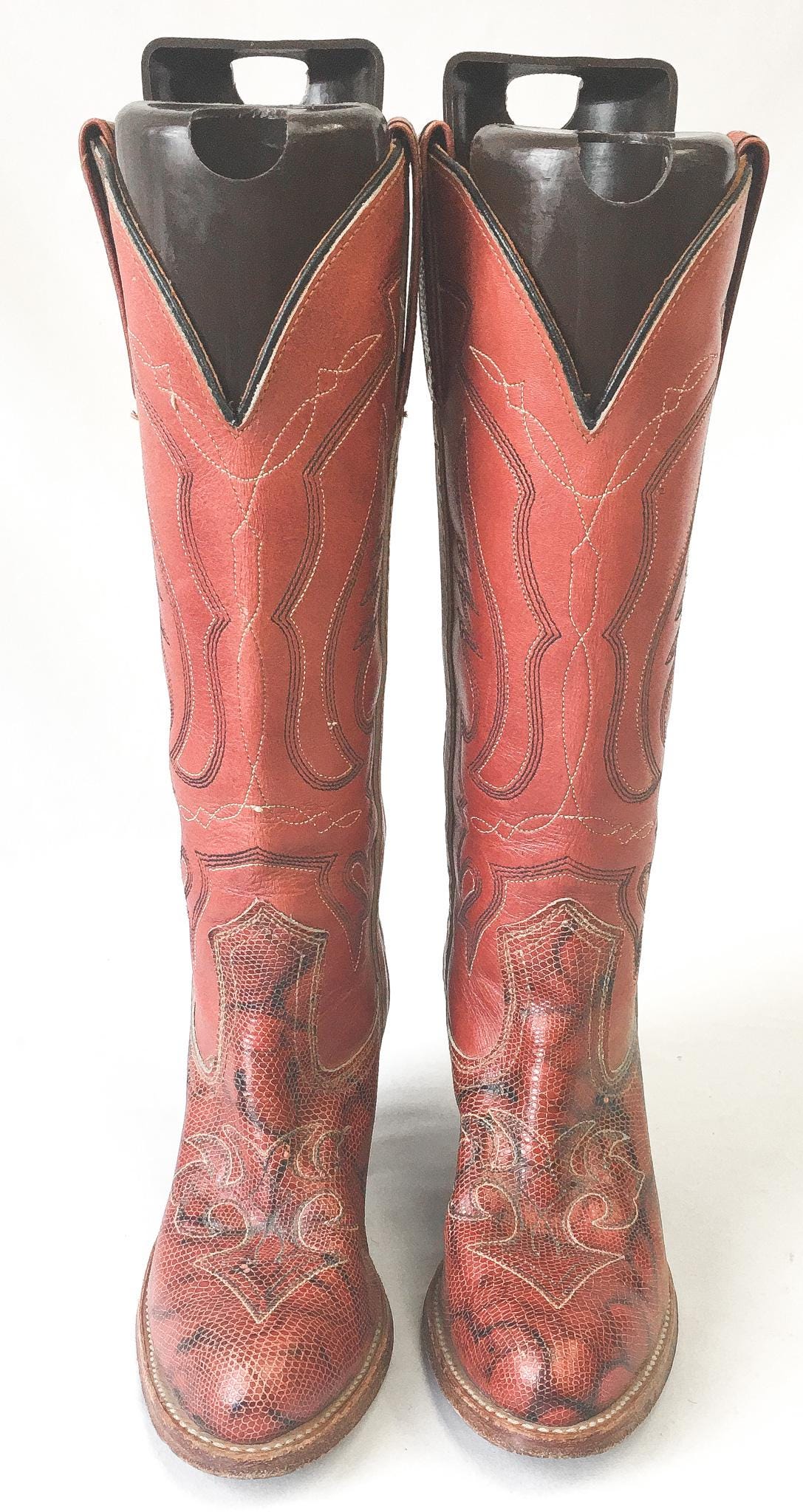 70s Miss Capezio Coral/Orange Snakeskin Stacked Heel Cowboy Boots, Women's Sz. 7M, Vintage Unique Western Festival Cowgirl Boots