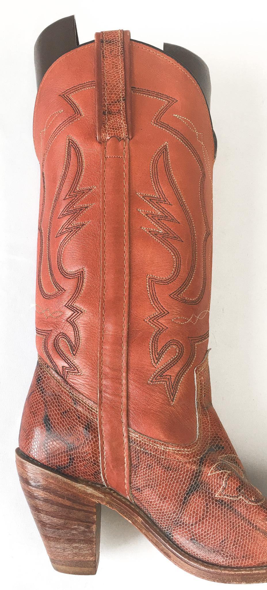 70s Miss Capezio Coral/Orange Snakeskin Stacked Heel Cowboy Boots, Women's Sz. 7M, Vintage Unique Western Festival Cowgirl Boots