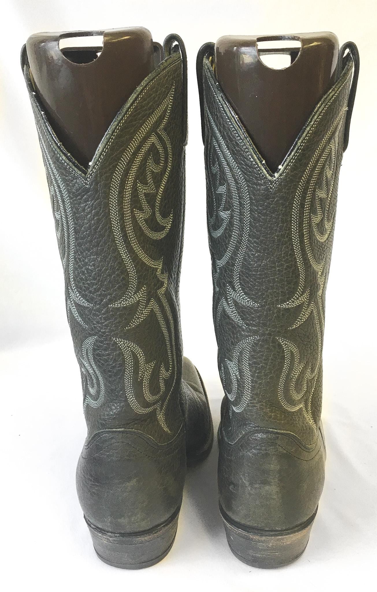 Vintage Dan Post Dark Gray/Olive Green Leather Embroidered Cowboy Boots, Style #06926, Men's Sz. 10.5D, Vintage Western Boots