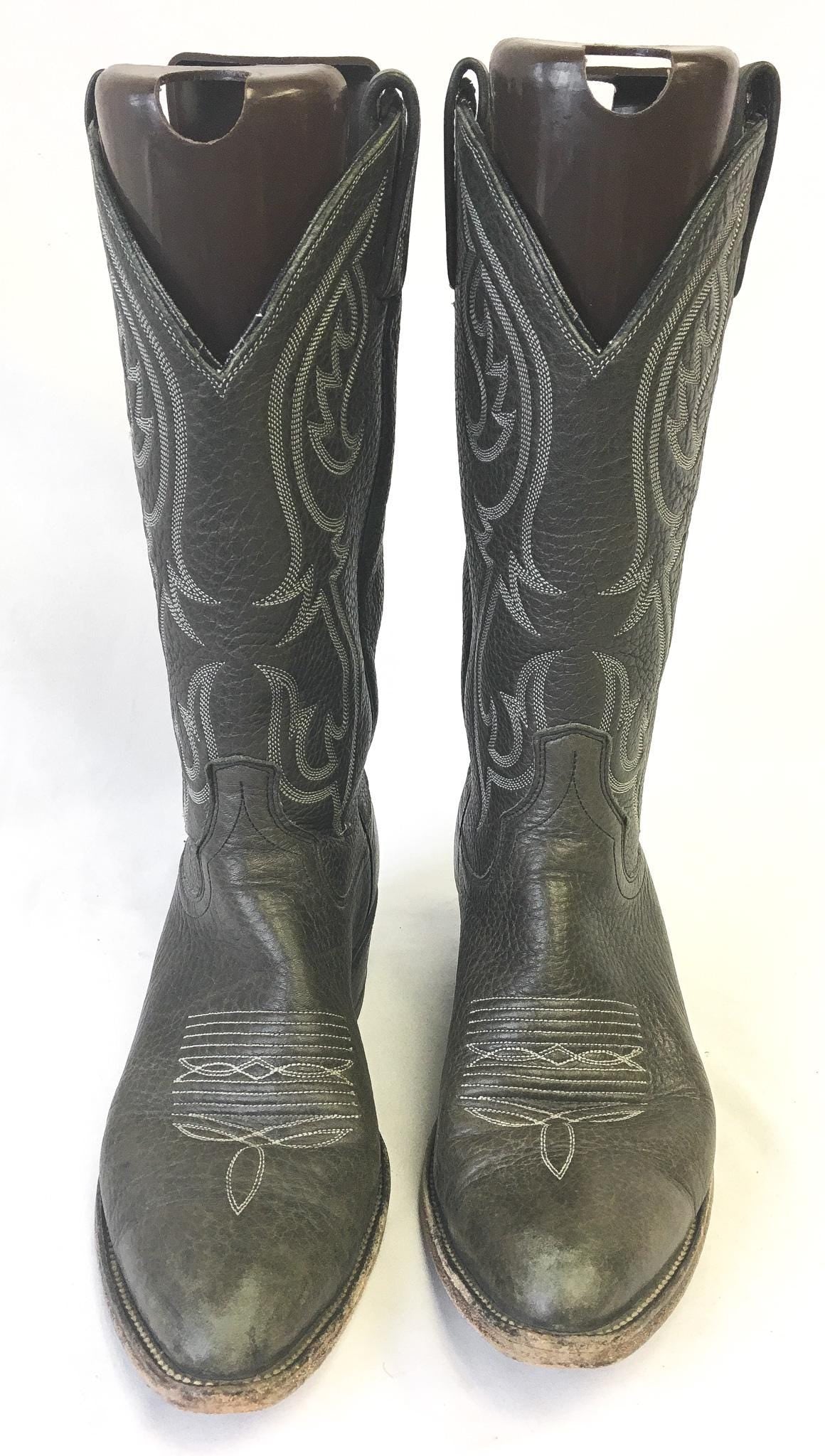 Vintage Dan Post Dark Gray/Olive Green Leather Embroidered Cowboy Boots, Style #06926, Men's Sz. 10.5D, Vintage Western Boots