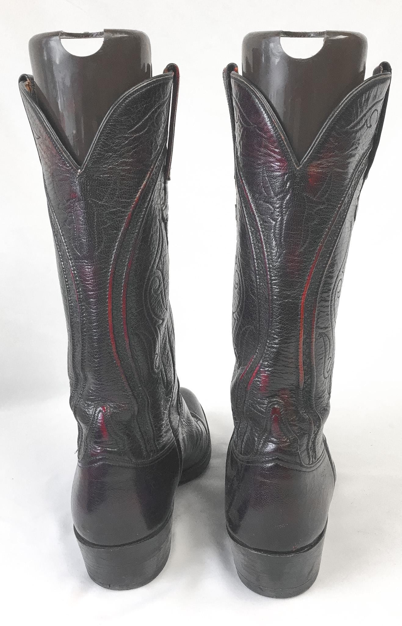 Vintage Lucchese Dark Cherry Red Leather Cowboy Boots, Men's Sz. 10B, Style L6630, Vintage Western Boots