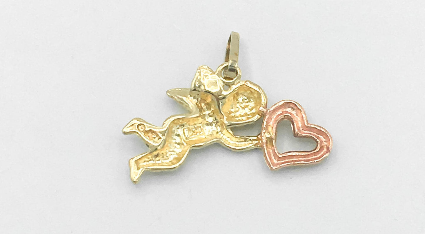 Vintage 10K Yellow and Rose Gold Cupid Cherub Heart Pendant, .75 Inches