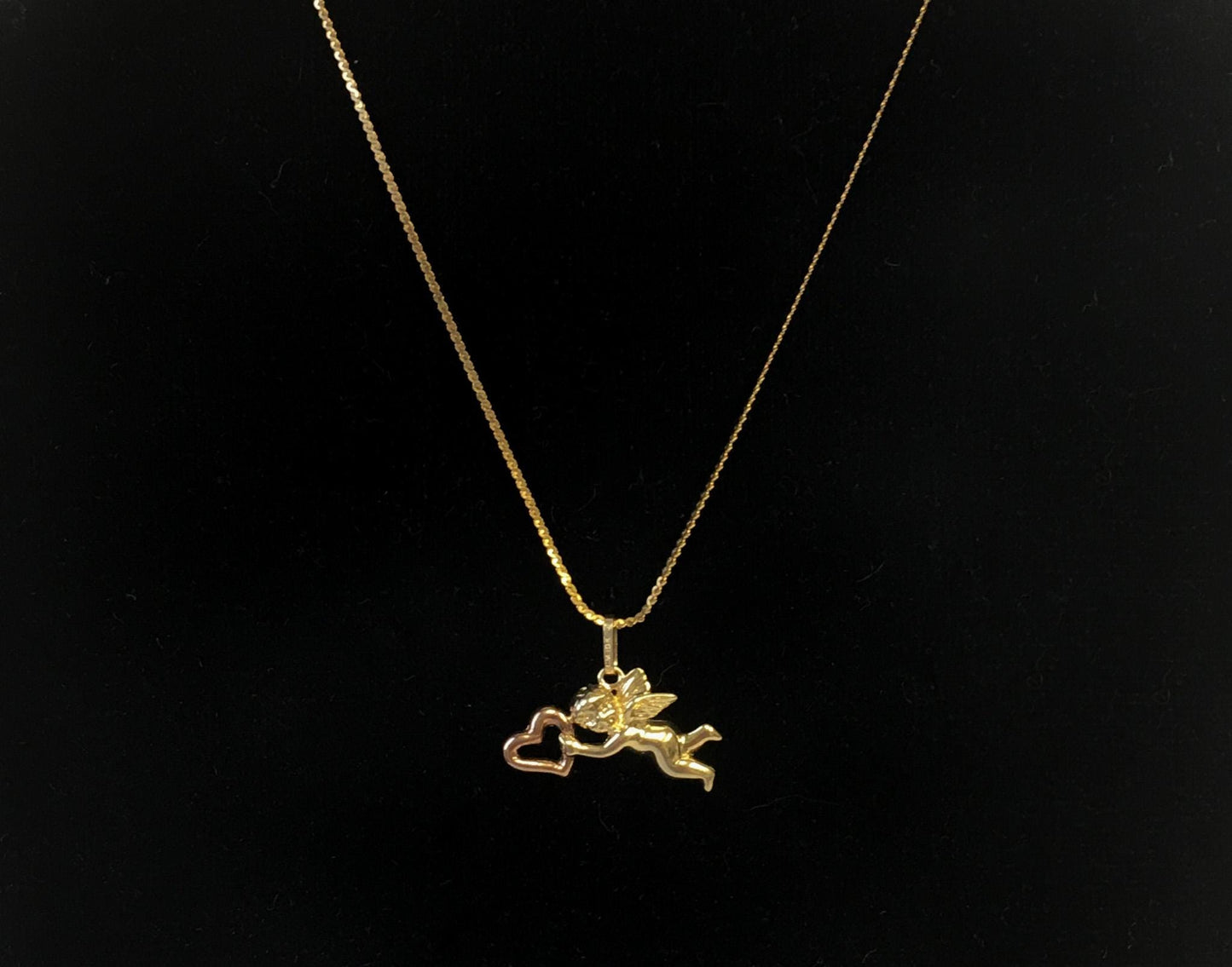 Vintage 10K Yellow and Rose Gold Cupid Cherub Heart Pendant, .75 Inches