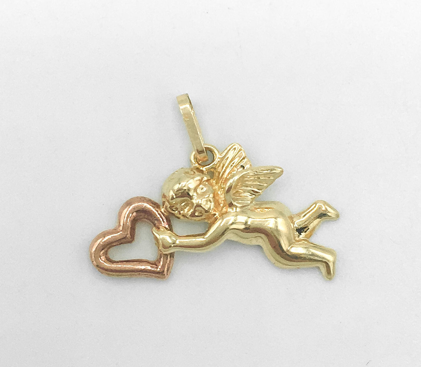 Vintage 10K Yellow and Rose Gold Cupid Cherub Heart Pendant, .75 Inches
