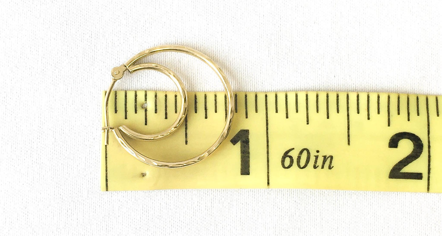 14K Yellow Gold Textured Double Hoop Earrings, Lightweight Dainty Simple Everyday Minimalist Style Hoops