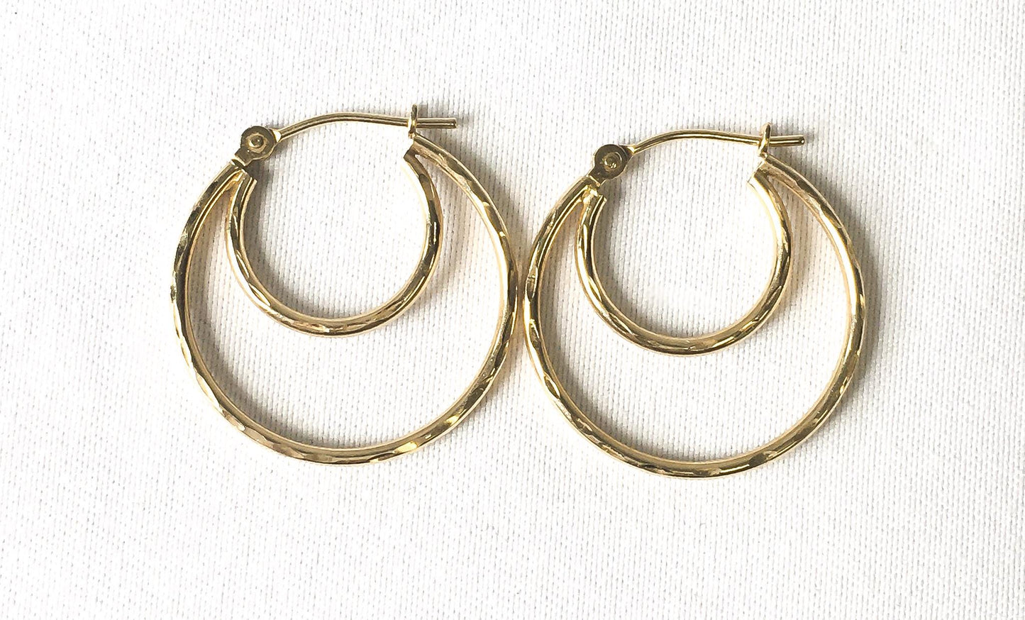 14K Yellow Gold Textured Double Hoop Earrings, Lightweight Dainty Simple Everyday Minimalist Style Hoops