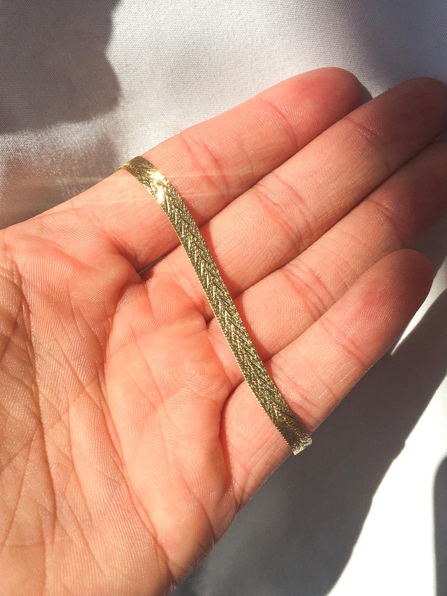 14K Italy Yellow Gold Etched Flat Herringbone Chain Bracelet, 7", 4mm Width, Elegant Everyday Dainty Stackable Bracelet