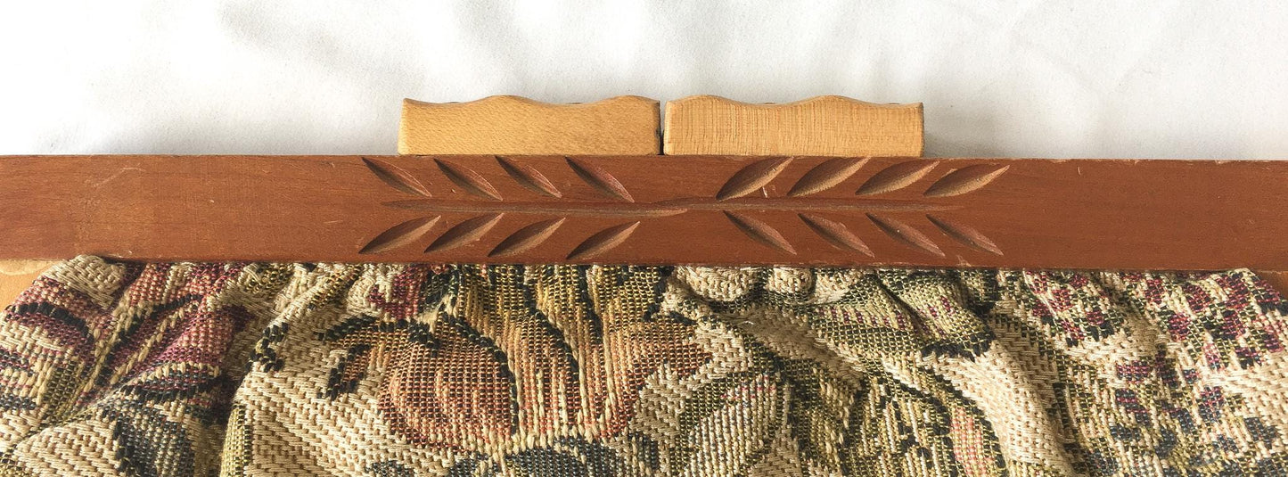 60s Beige Floral Tapestry Cloth Engraved Wooden Large Clutch Handbag, Vintage Boho Style Handbag
