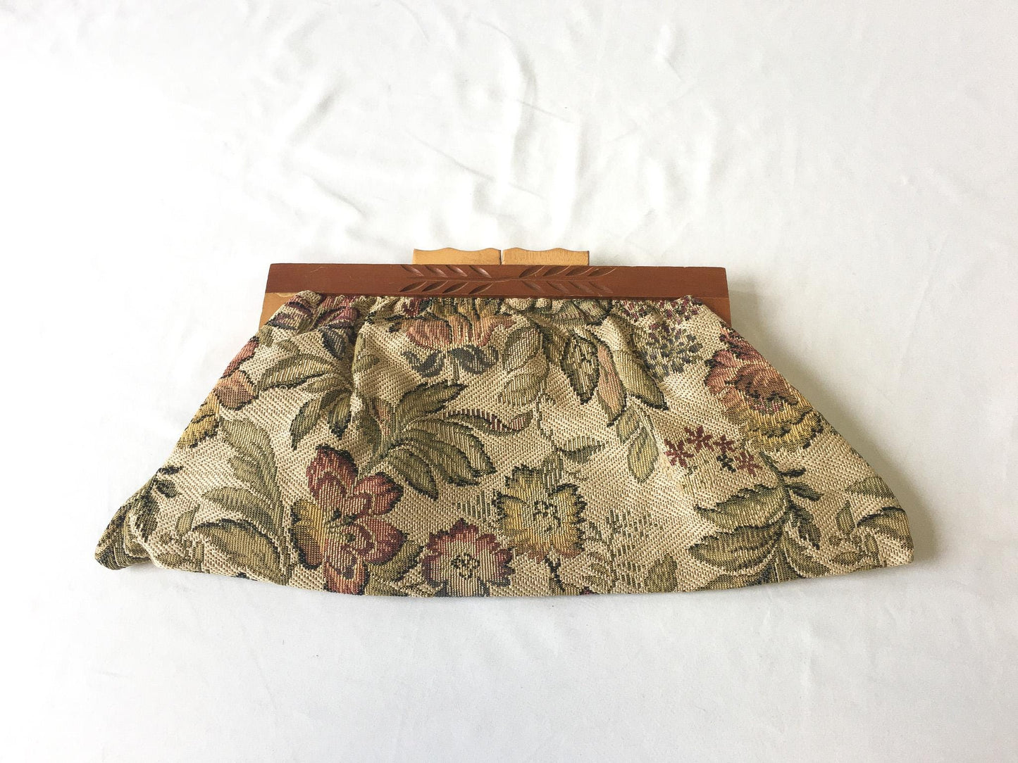 60s Beige Floral Tapestry Cloth Engraved Wooden Large Clutch Handbag, Vintage Boho Style Handbag
