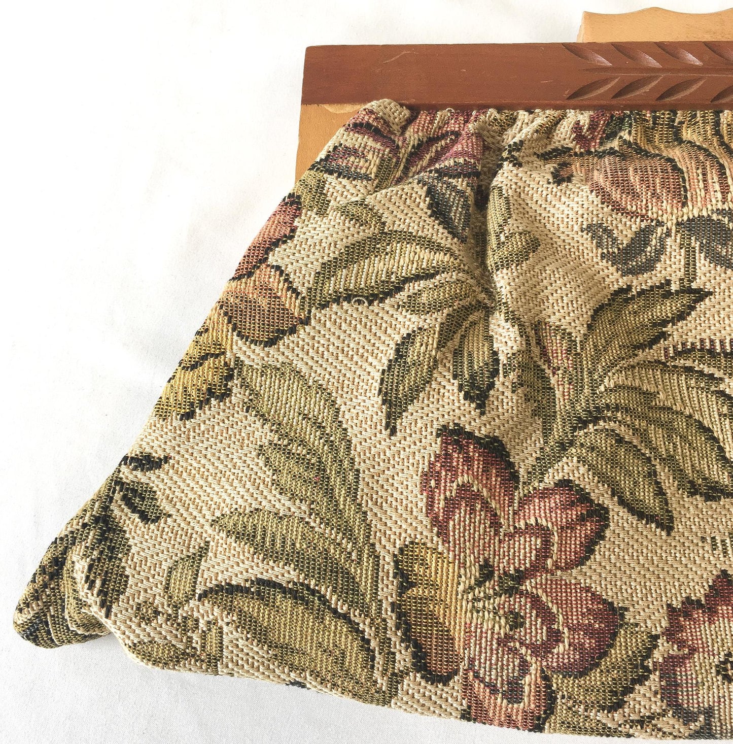 60s Beige Floral Tapestry Cloth Engraved Wooden Large Clutch Handbag, Vintage Boho Style Handbag
